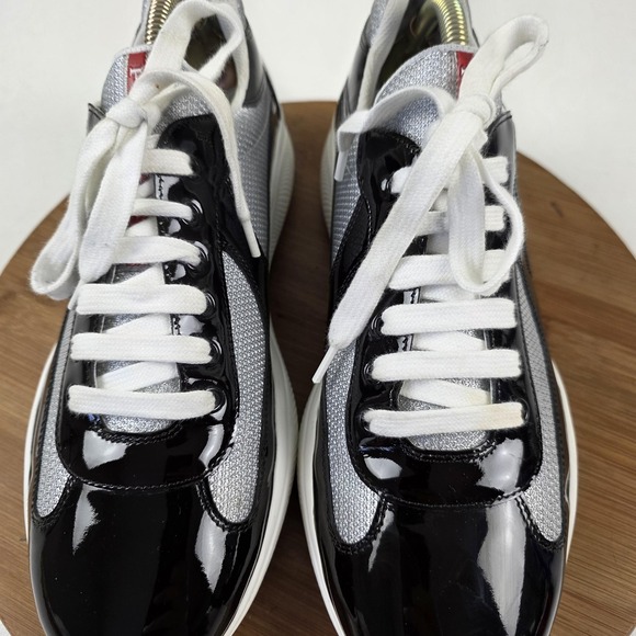 Prada Shoes Mens Size 8 Black Gray Patent Leather Low Top Sneakers Italy - Picture 6 of 16